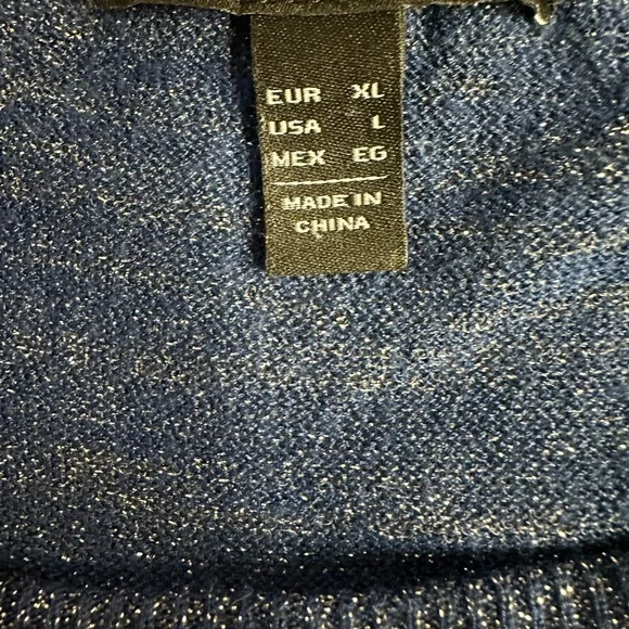 MNG MANGO Blue Sparkly Silver Metallic Thread Long Sleeve Womens Top Size L - Picture 12 of 12